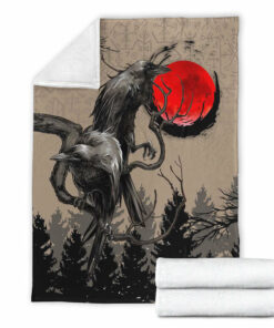 Viking Blanket Viking Huginn and Muninn Raven on Tree Branch and Blood Moon Sherpa Fleece Blanket Gifts for Viking Lovers