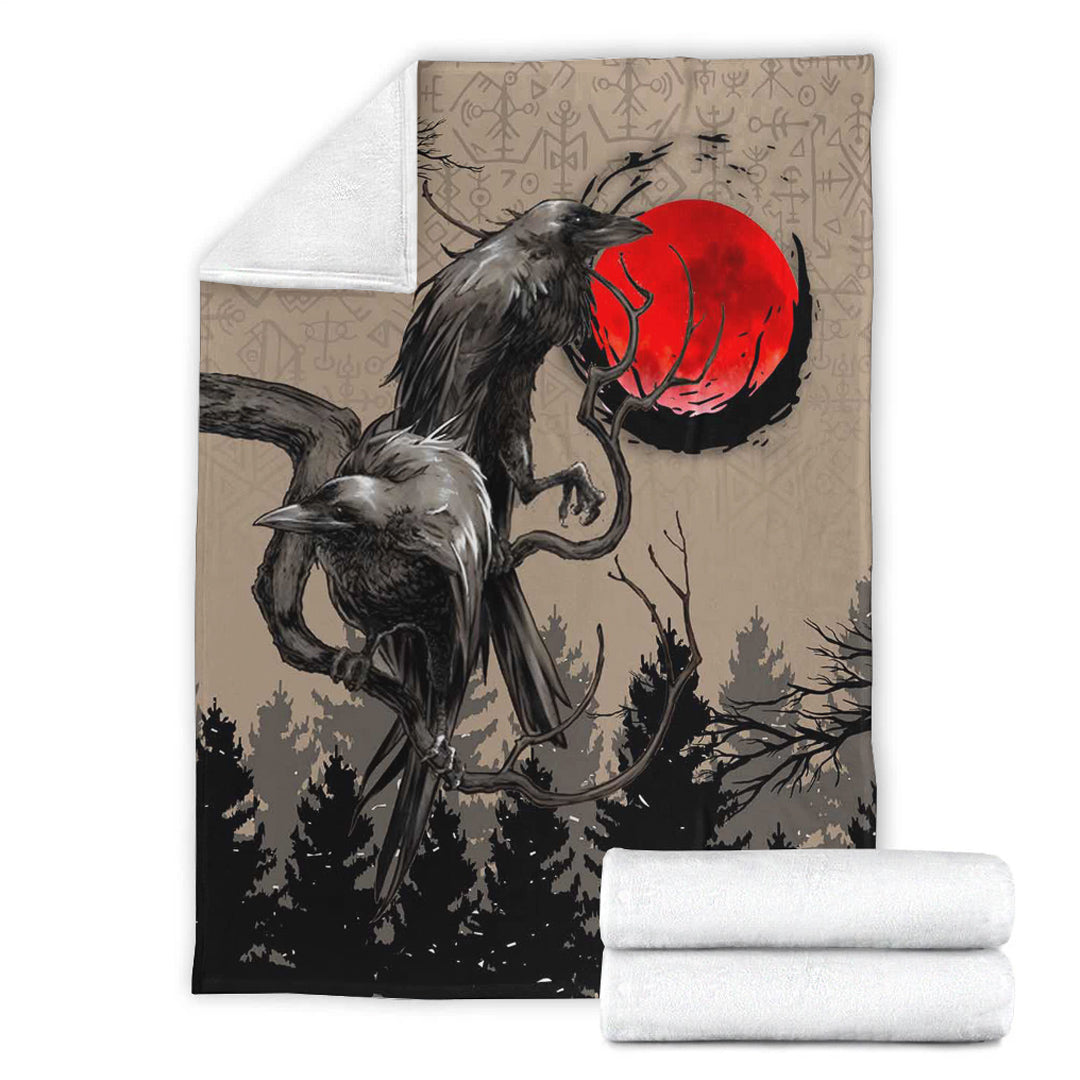 Viking Blanket Viking Huginn and Muninn Raven on Tree Branch and Blood Moon Sherpa Fleece Blanket Gifts for Viking Lovers
