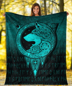 Viking Blanket Viking Norse Wolf Cyan Version Sherpa Fleece Blanket Gifts for Viking Lovers