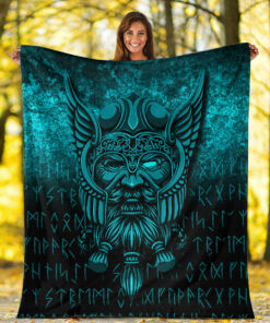 Viking Blanket Viking Odin Allfather In Asgard Cyan Version Sherpa Fleece Blanket Gifts for Viking Lovers