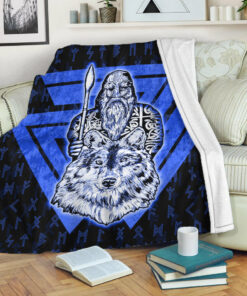 Viking Blanket Viking Odin Wolf Blue Sherpa Fleece Blanket Gifts for Viking Lovers