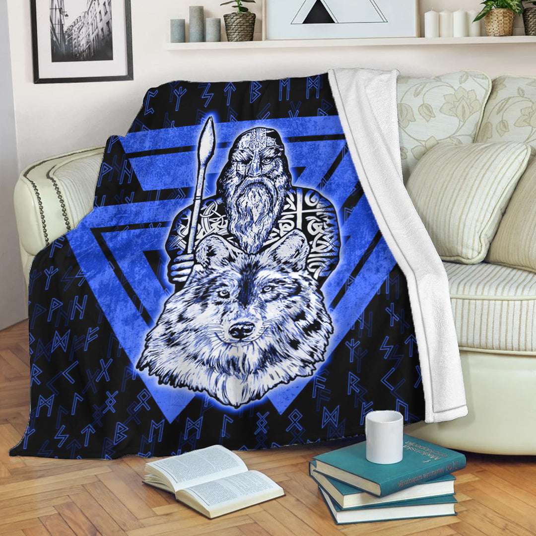 Viking Blanket Viking Odin Wolf Blue Sherpa Fleece Blanket Gifts for Viking Lovers