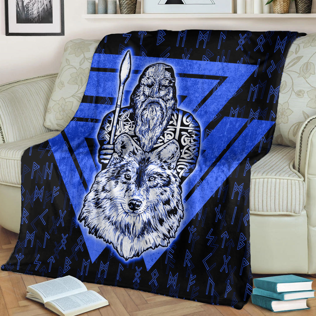 Viking Blanket Viking Odin Wolf Blue Sherpa Fleece Blanket Gifts for Viking Lovers