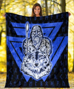 Viking Blanket Viking Odin Wolf Blue Sherpa Fleece Blanket Gifts for Viking Lovers