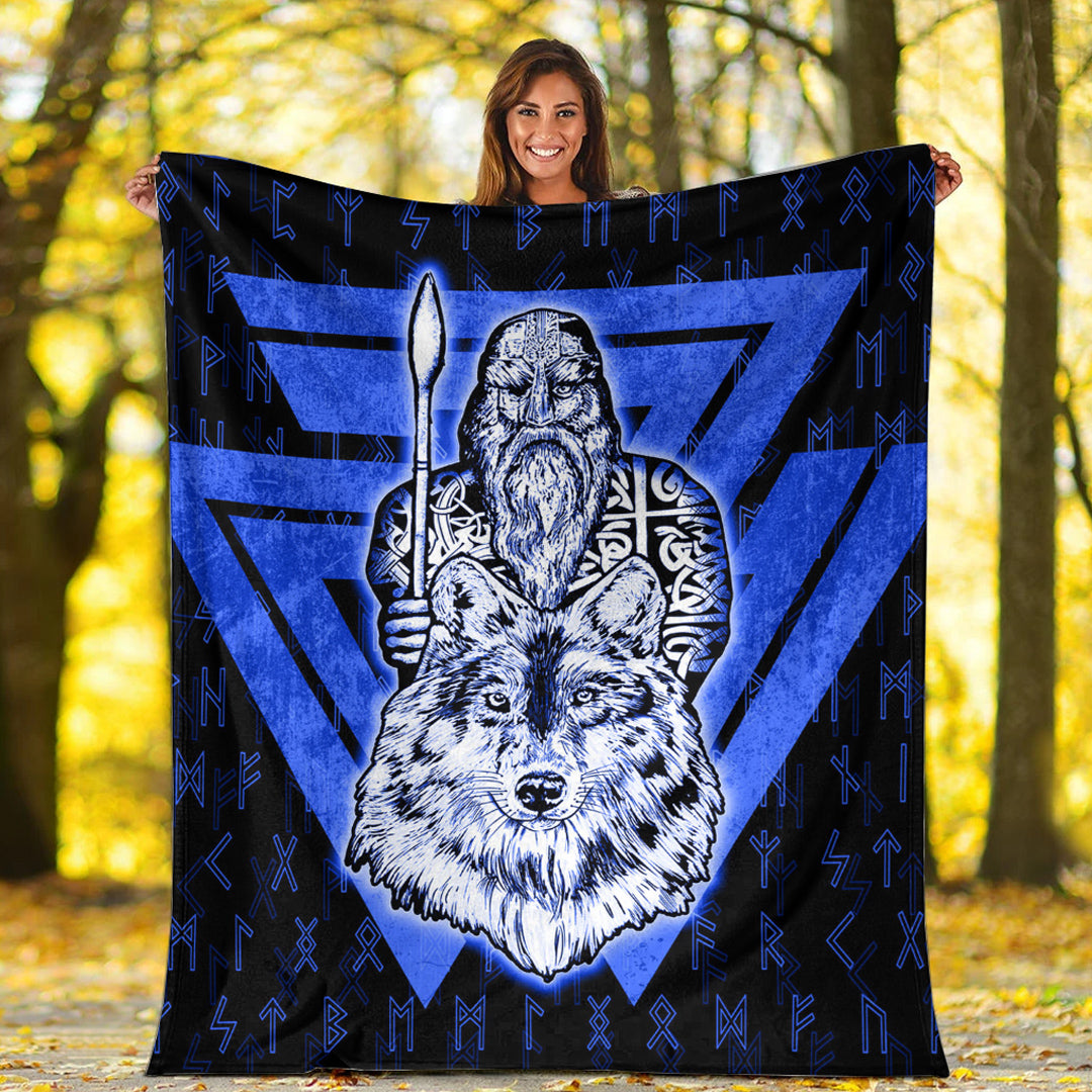 Viking Blanket Viking Odin Wolf Blue Sherpa Fleece Blanket Gifts for Viking Lovers