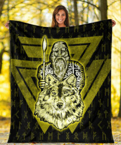 Viking Blanket Viking Odin Wolf Gold Sherpa Fleece Blanket Gifts for Viking Lovers