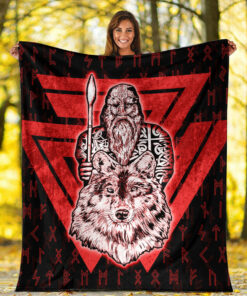 Viking Blanket Viking Odin Wolf Red Sherpa Fleece Blanket Gifts for Viking Lovers