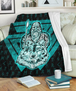 Viking Blanket Viking Odin Wolf Turquoise Sherpa Fleece Blanket Gifts for Viking Lovers