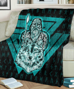 Viking Blanket Viking Odin Wolf Turquoise Sherpa Fleece Blanket Gifts for Viking Lovers