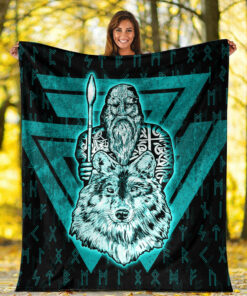 Viking Blanket Viking Odin Wolf Turquoise Sherpa Fleece Blanket Gifts for Viking Lovers