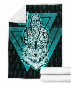 Viking Blanket Viking Odin Wolf Turquoise Sherpa Fleece Blanket Gifts for Viking Lovers