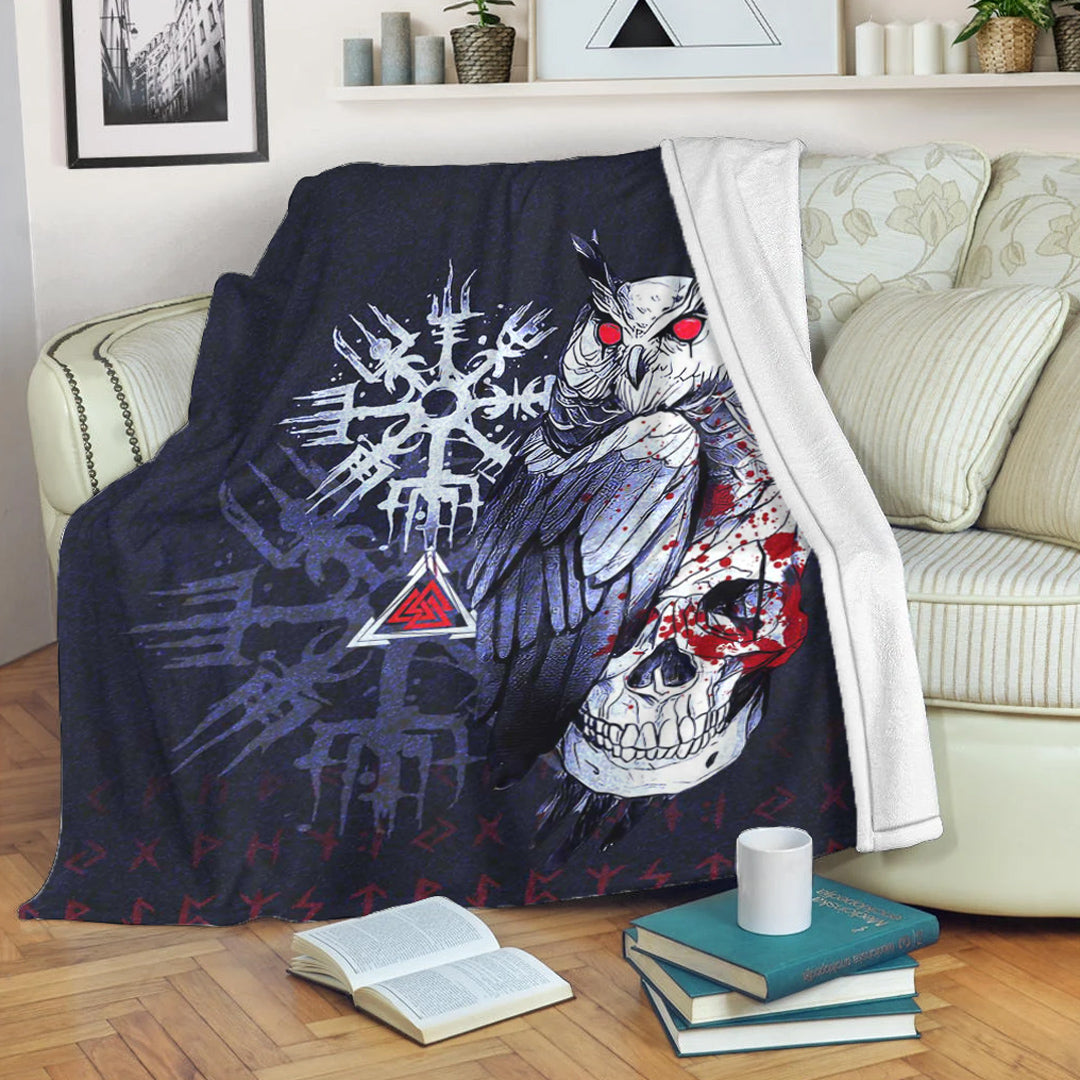 Viking Blanket Viking Owl Skull Blood Blue Style Sherpa Fleece Blanket Gifts for Viking Lovers