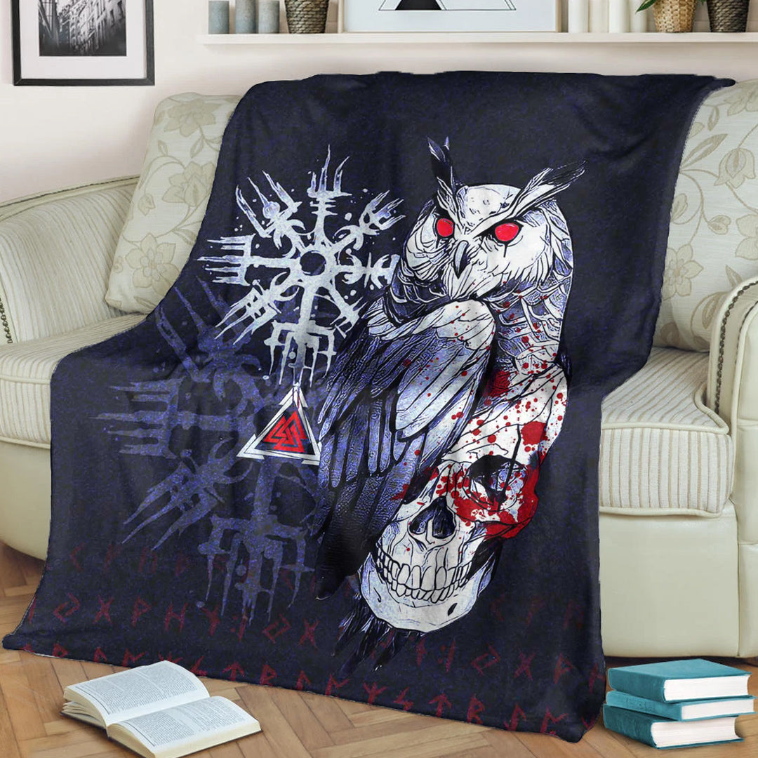 Viking Blanket Viking Owl Skull Blood Blue Style Sherpa Fleece Blanket Gifts for Viking Lovers