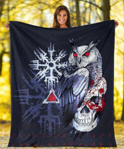 Viking Blanket Viking Owl Skull Blood Blue Style Sherpa Fleece Blanket Gifts for Viking Lovers