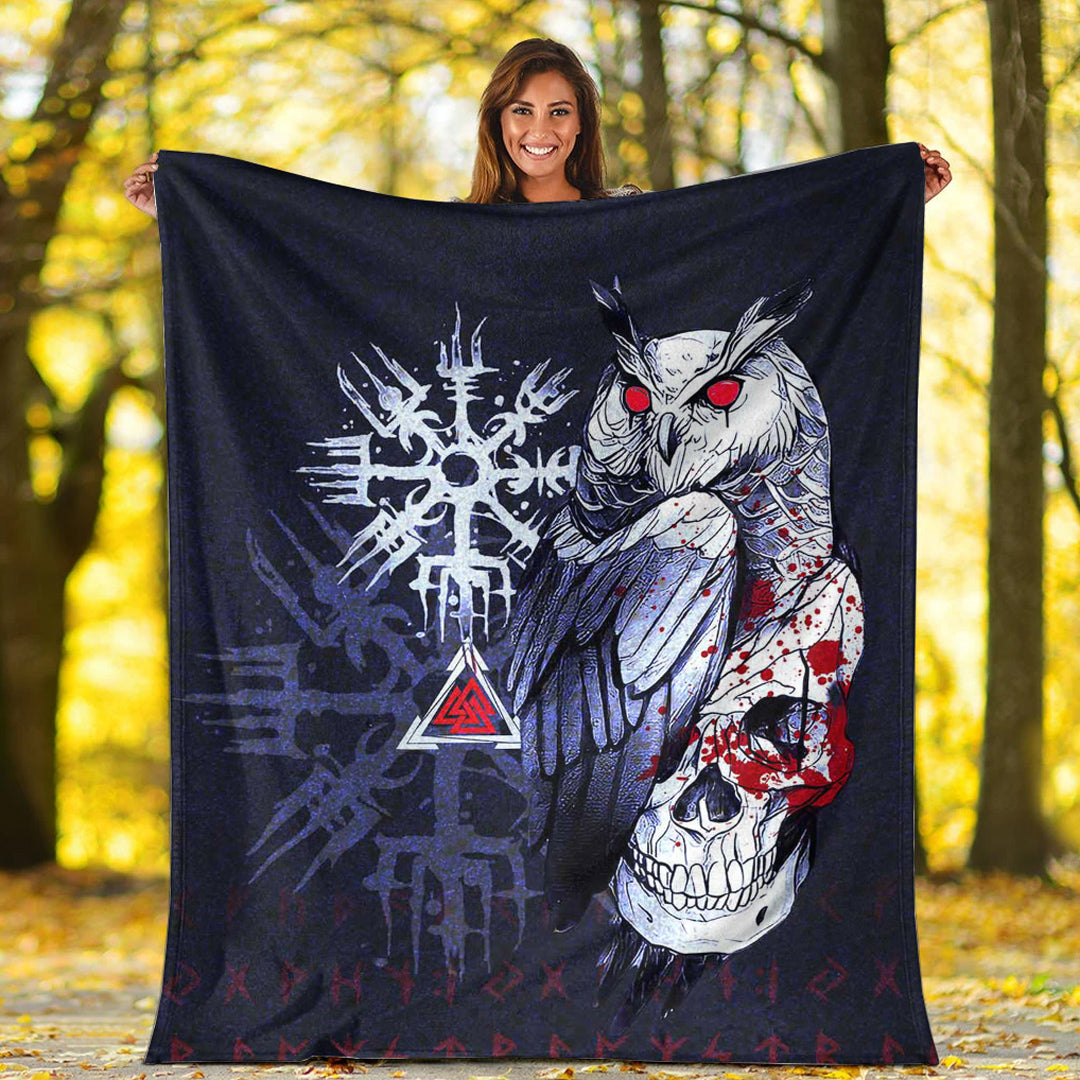 Viking Blanket Viking Owl Skull Blood Blue Style Sherpa Fleece Blanket Gifts for Viking Lovers