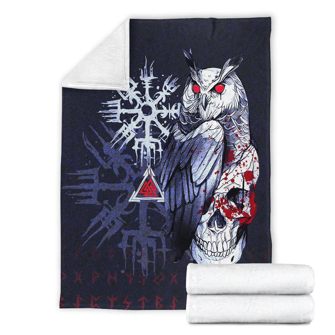 Viking Blanket Viking Owl Skull Blood Blue Style Sherpa Fleece Blanket Gifts for Viking Lovers