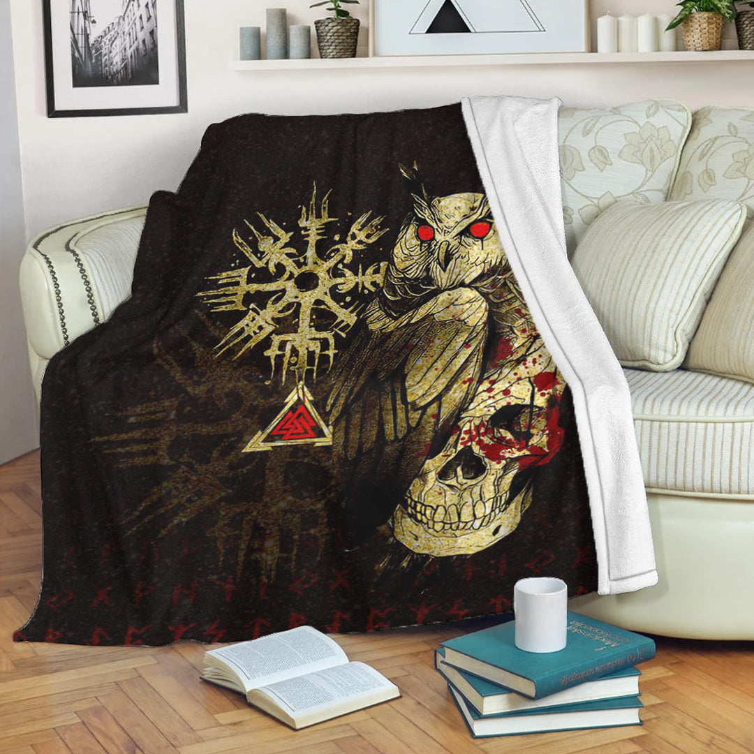 Viking Blanket Viking Owl Skull Blood Gold Style Sherpa Fleece Blanket Gifts for Viking Lovers