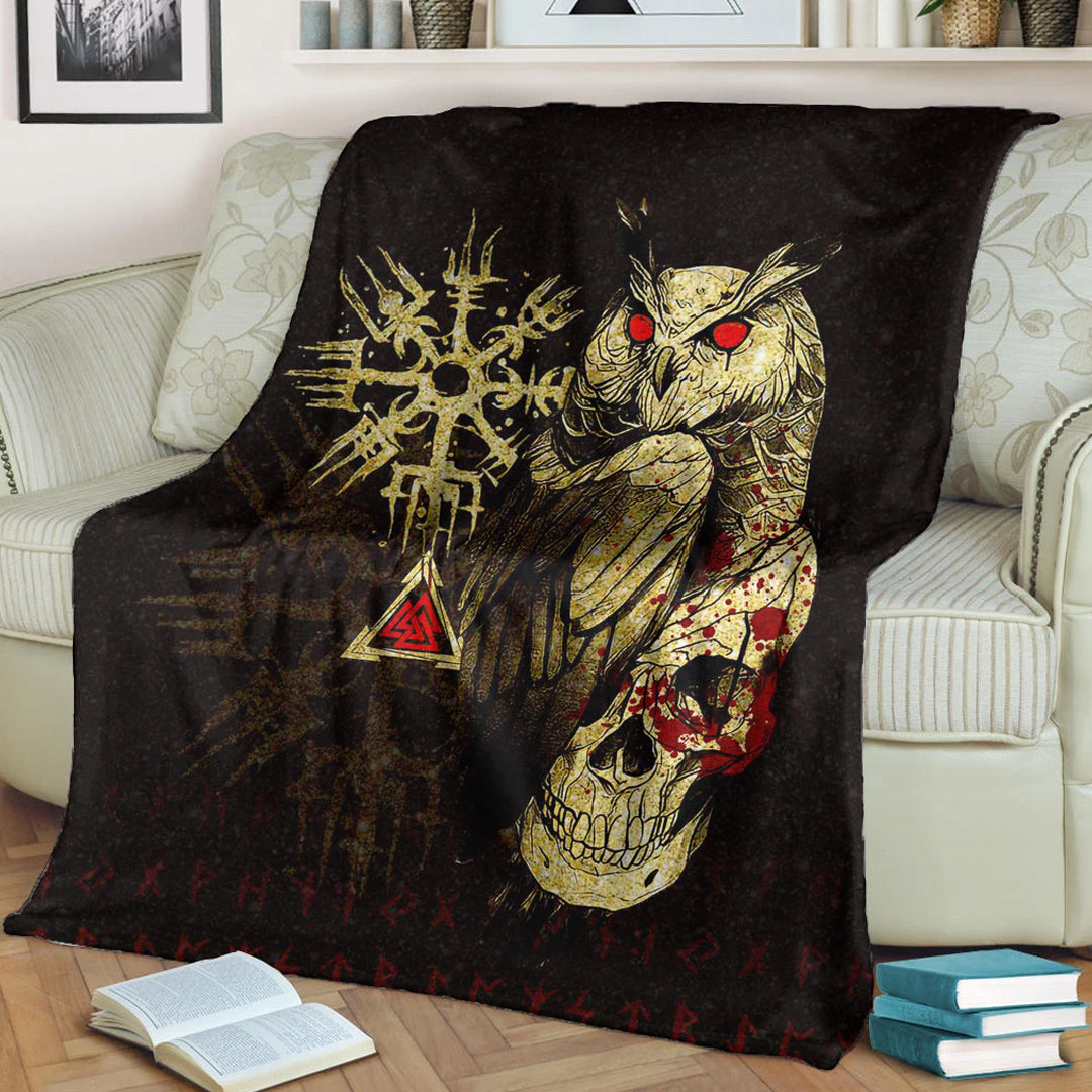 Viking Blanket Viking Owl Skull Blood Gold Style Sherpa Fleece Blanket Gifts for Viking Lovers