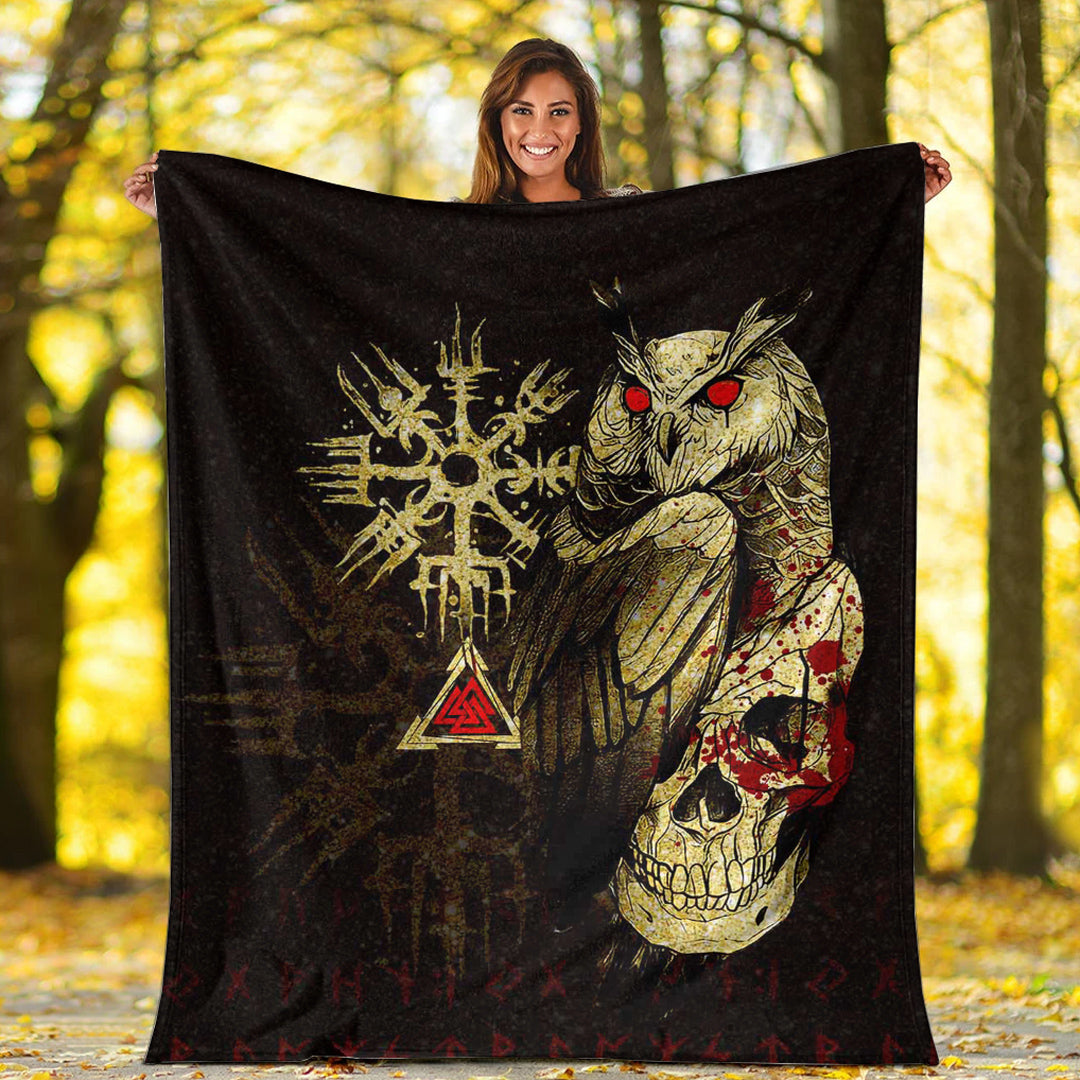 Viking Blanket Viking Owl Skull Blood Gold Style Sherpa Fleece Blanket Gifts for Viking Lovers