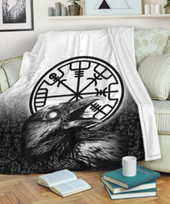 Viking Blanket Viking Raven Black and White Vegvisir Sherpa Fleece Blanket Gifts for Viking Lovers