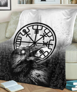 Viking Blanket Viking Raven Black and White Vegvisir Sherpa Fleece Blanket Gifts for Viking Lovers