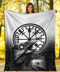 Viking Blanket Viking Raven Black and White Vegvisir Sherpa Fleece Blanket Gifts for Viking Lovers