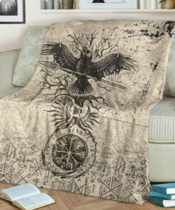 Viking Blanket Viking Raven Carry Spear of Odin Vintage Sherpa Fleece Blanket Gifts for Viking Lovers