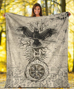 Viking Blanket Viking Raven Carry Spear of Odin Vintage Sherpa Fleece Blanket Gifts for Viking Lovers