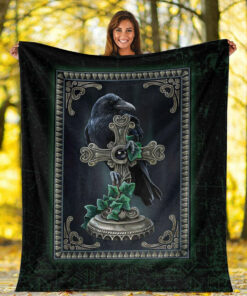 Viking Blanket Viking Raven Celtic and Cross Green Style Sherpa Fleece Blanket Gifts for Viking Lovers