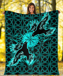Viking Blanket Viking Raven Cross Turquoise Sherpa Fleece Blanket Gifts for Viking Lovers