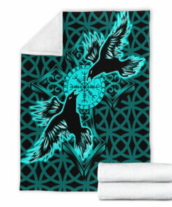 Viking Blanket Viking Raven Cross Turquoise Sherpa Fleece Blanket Gifts for Viking Lovers