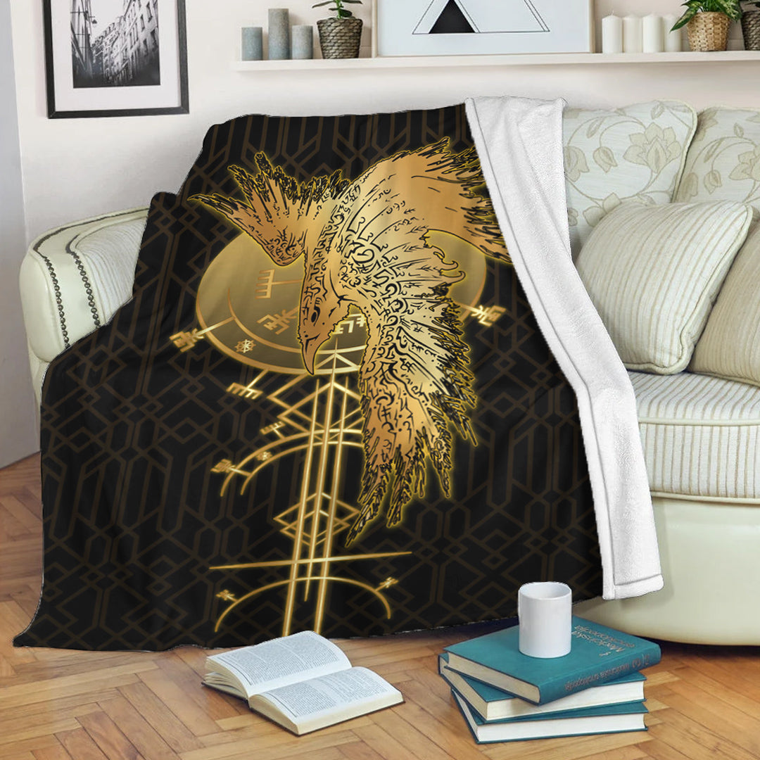 Viking Blanket, Viking Raven Gold Sherpa Fleece Blanket Gifts for Viking Lovers