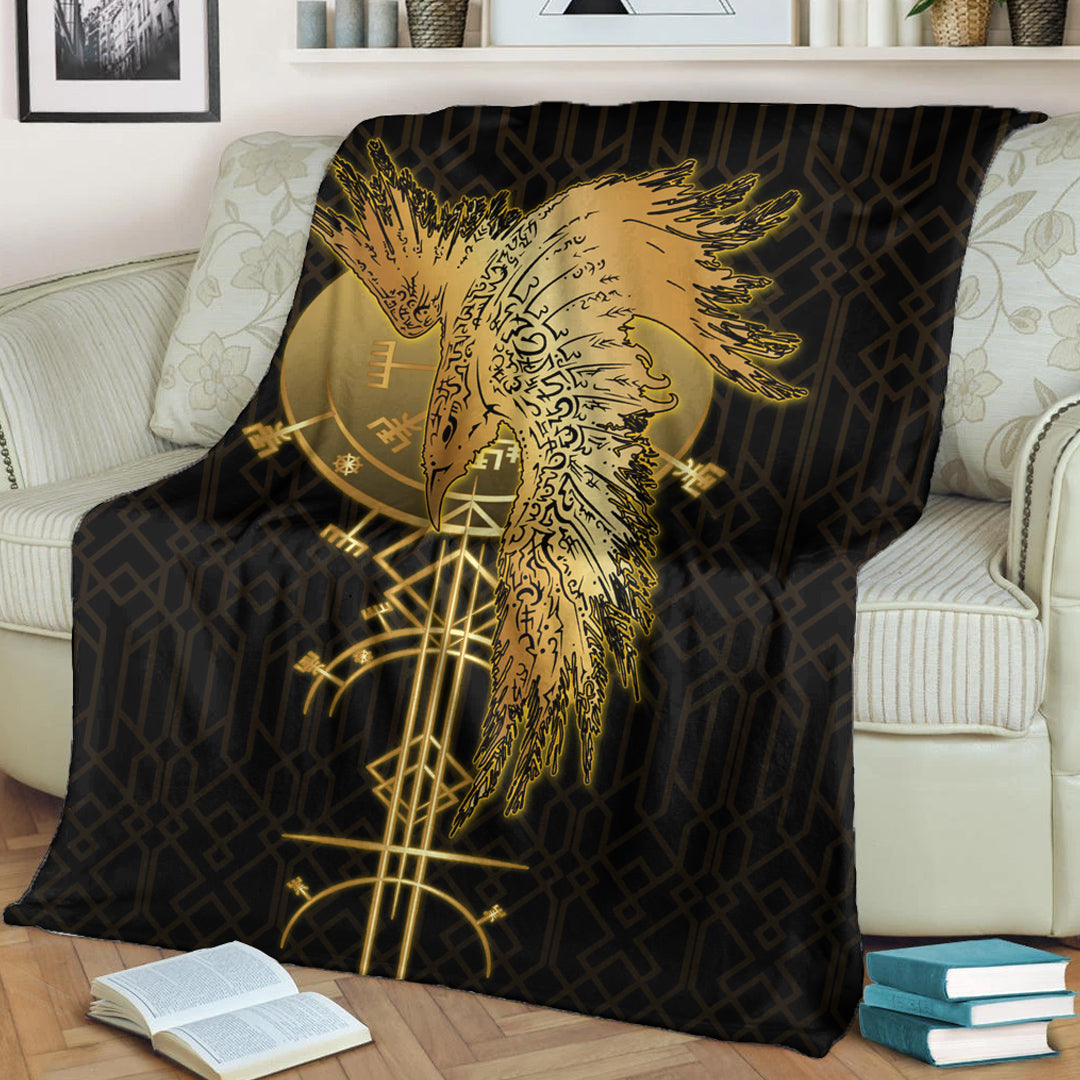 Viking Blanket, Viking Raven Gold Sherpa Fleece Blanket Gifts for Viking Lovers