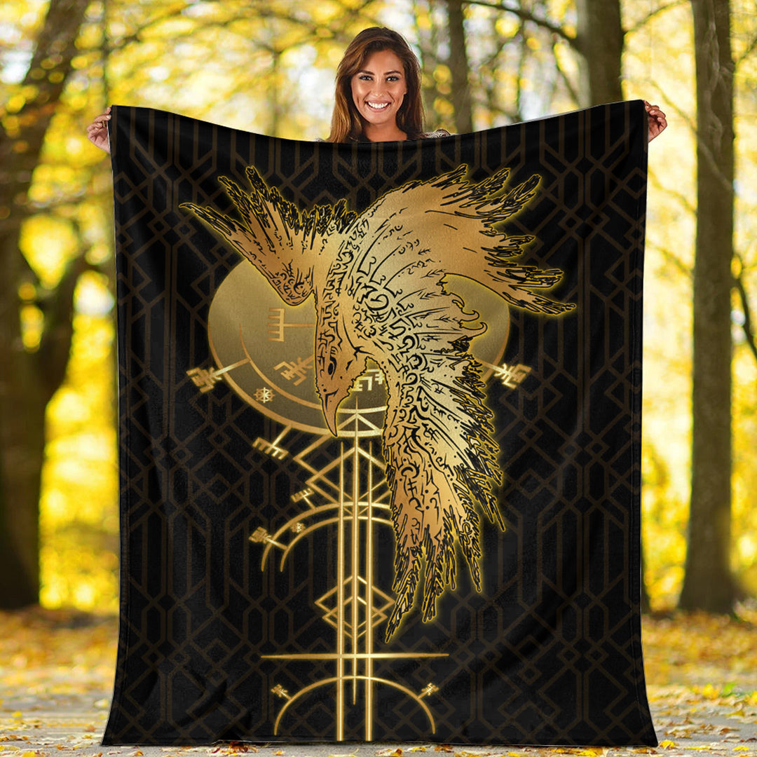 Viking Blanket, Viking Raven Gold Sherpa Fleece Blanket Gifts for Viking Lovers