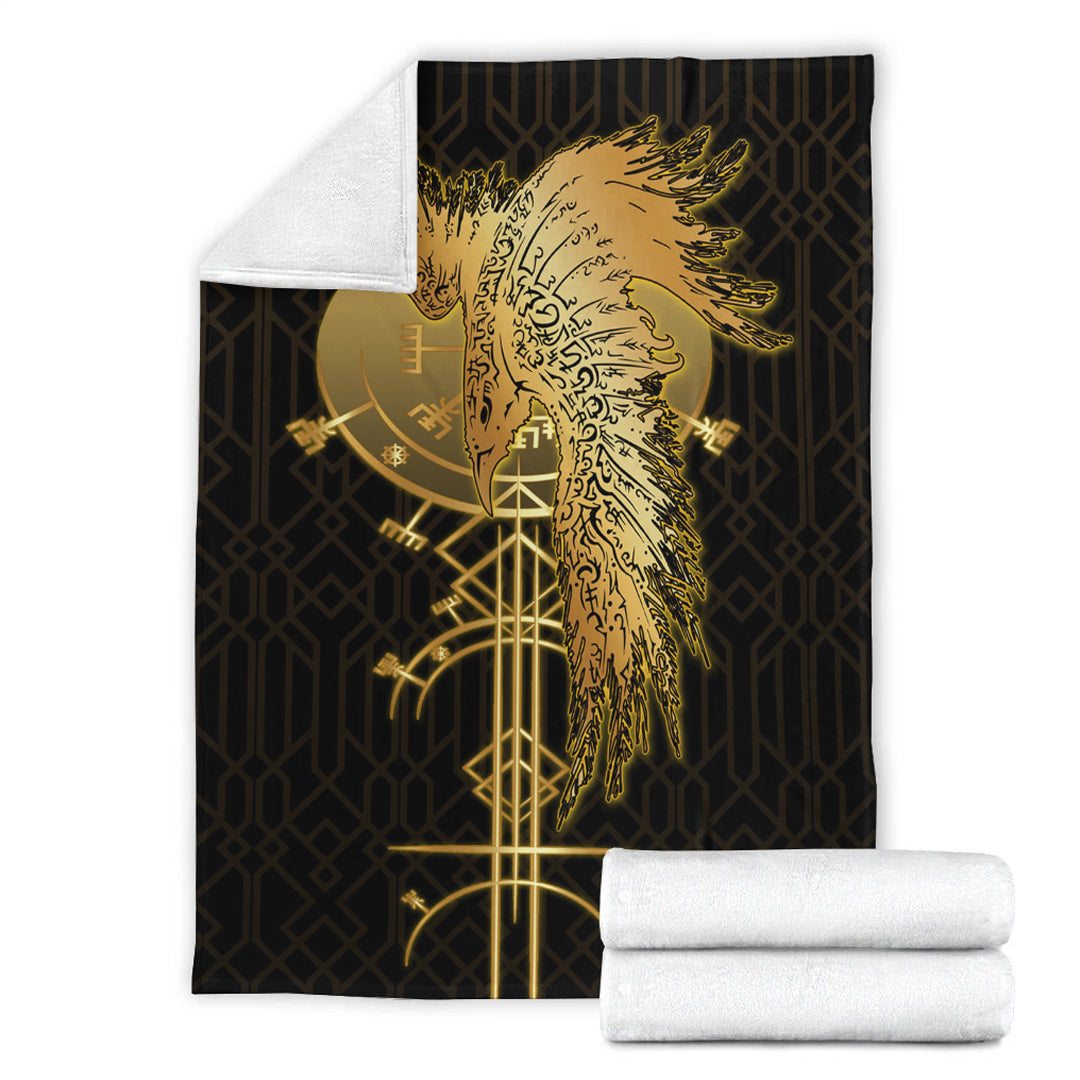 Viking Blanket, Viking Raven Gold Sherpa Fleece Blanket Gifts for Viking Lovers