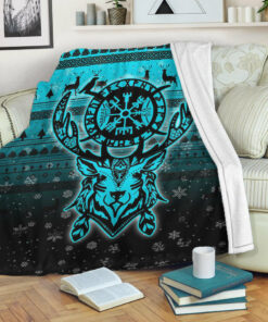 Viking Blanket Viking Reindeer Vegvisir Cyan Sherpa Fleece Blanket Gifts for Viking Lovers