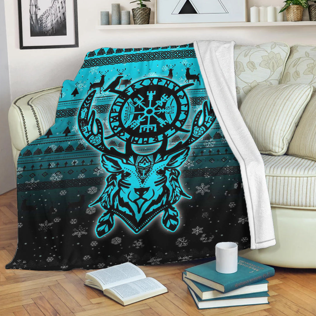 Viking Blanket Viking Reindeer Vegvisir Cyan Sherpa Fleece Blanket Gifts for Viking Lovers