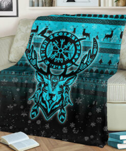 Viking Blanket Viking Reindeer Vegvisir Cyan Sherpa Fleece Blanket Gifts for Viking Lovers
