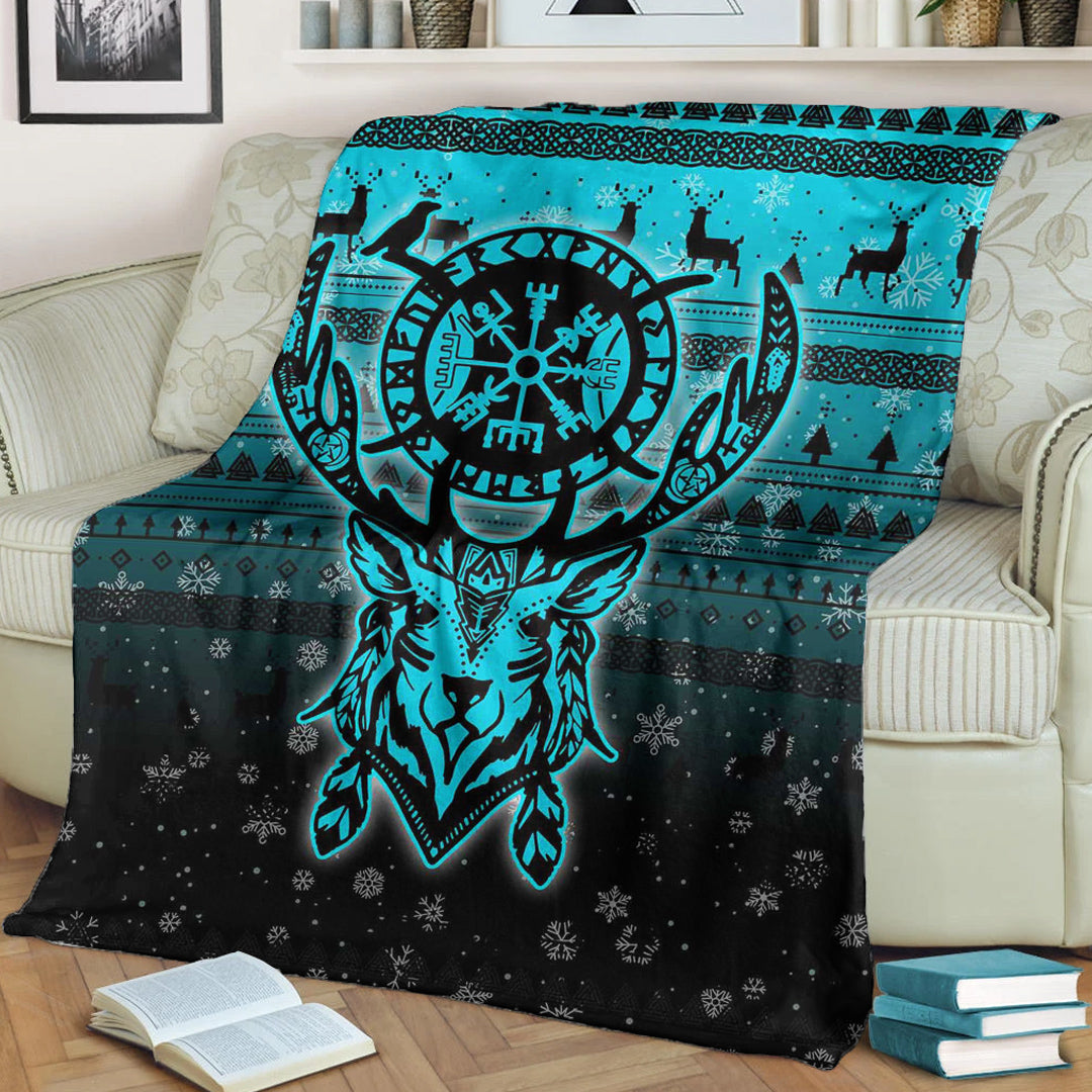 Viking Blanket Viking Reindeer Vegvisir Cyan Sherpa Fleece Blanket Gifts for Viking Lovers
