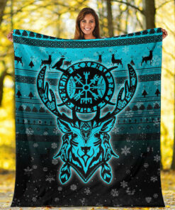 Viking Blanket Viking Reindeer Vegvisir Cyan Sherpa Fleece Blanket Gifts for Viking Lovers