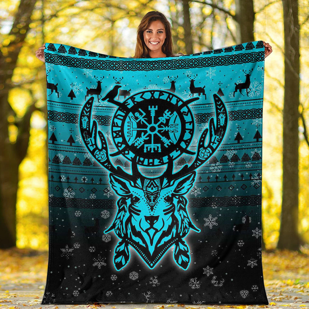 Viking Blanket Viking Reindeer Vegvisir Cyan Sherpa Fleece Blanket Gifts for Viking Lovers