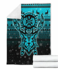 Viking Blanket Viking Reindeer Vegvisir Cyan Sherpa Fleece Blanket Gifts for Viking Lovers