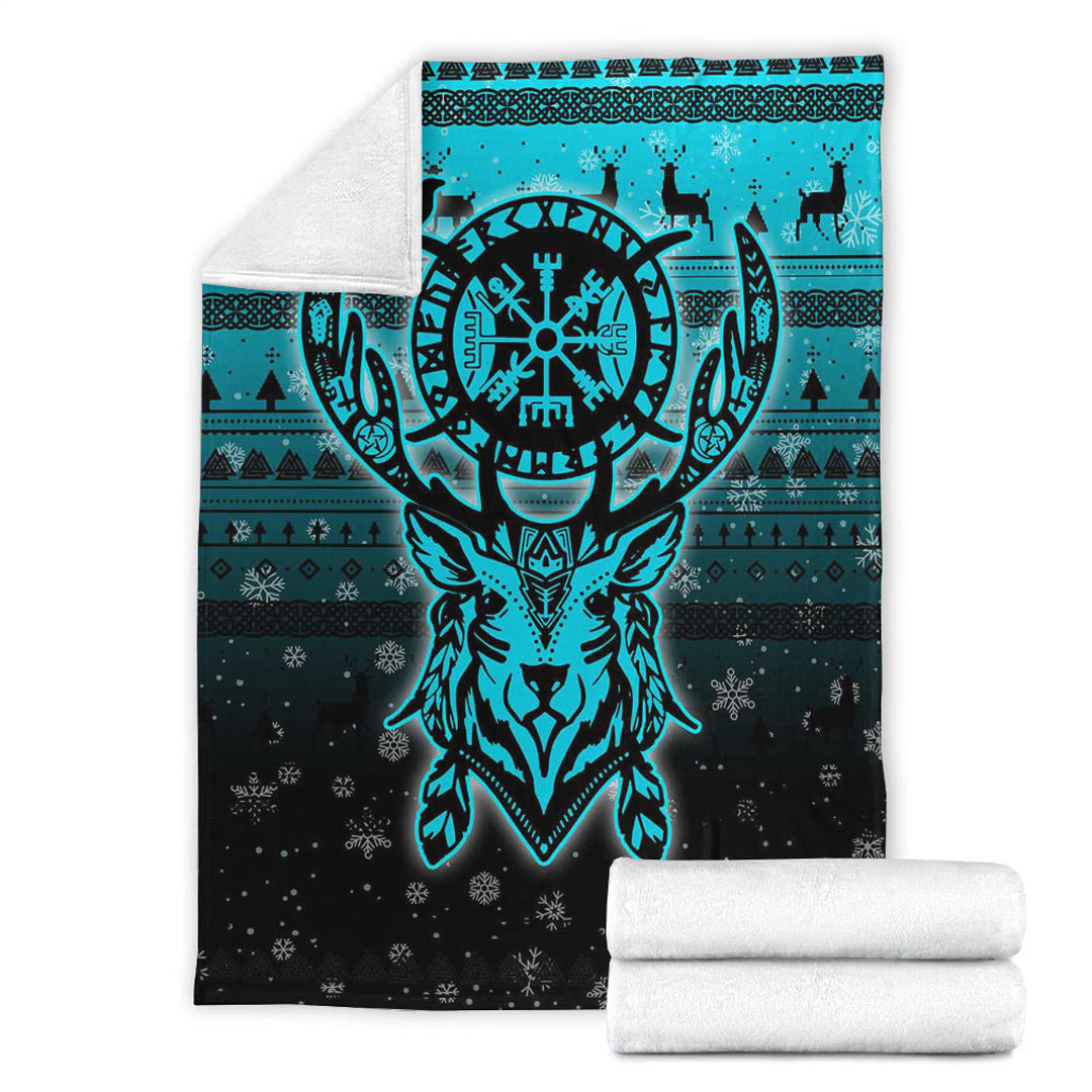 Viking Blanket Viking Reindeer Vegvisir Cyan Sherpa Fleece Blanket Gifts for Viking Lovers