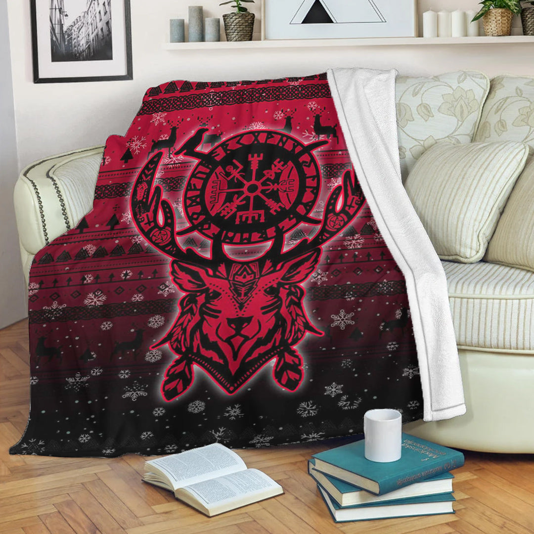 Viking Blanket Viking Reindeer Vegvisir Red Sherpa Fleece Blanket Gifts for Viking Lovers