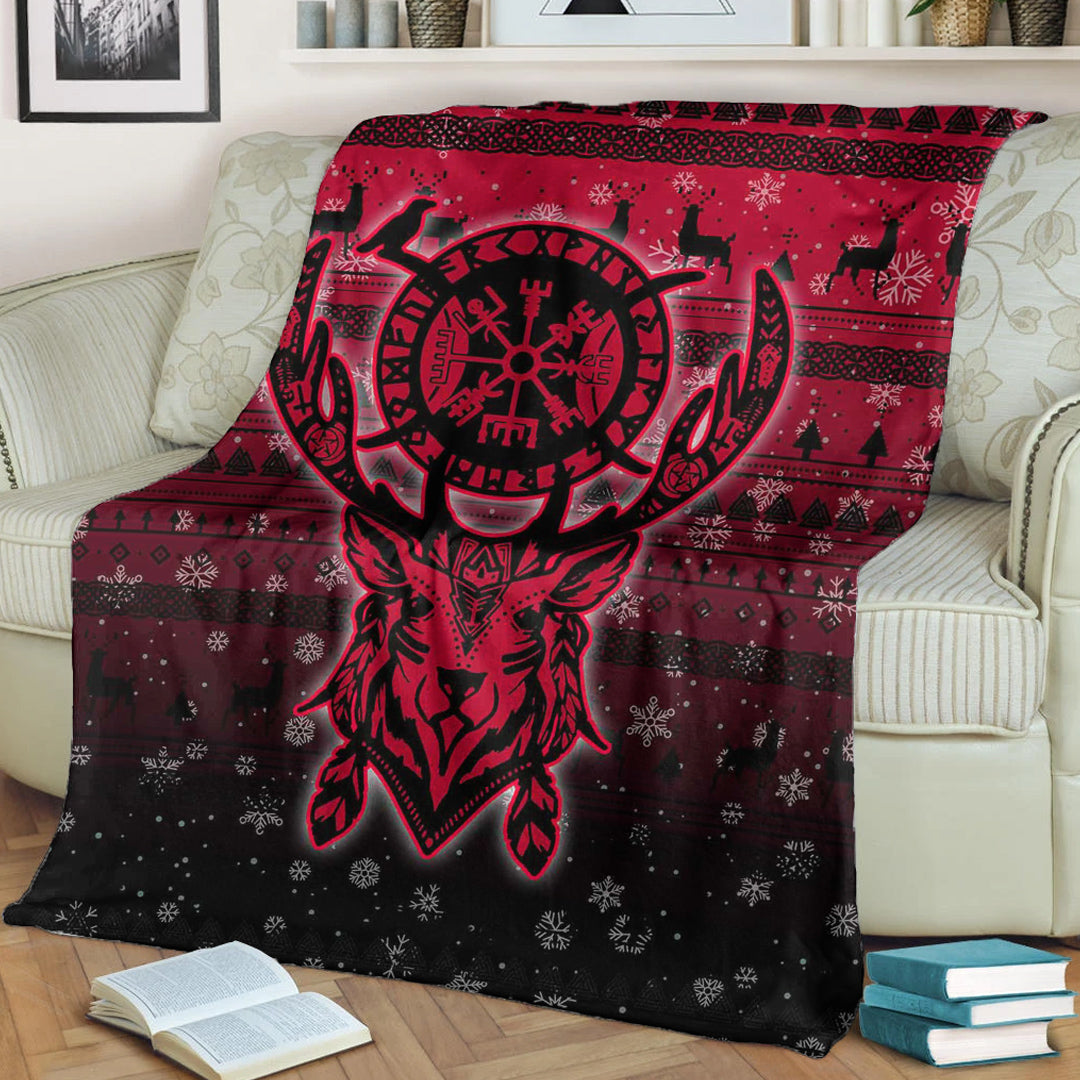Viking Blanket Viking Reindeer Vegvisir Red Sherpa Fleece Blanket Gifts for Viking Lovers