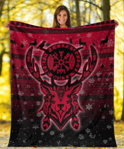 Viking Blanket Viking Reindeer Vegvisir Red Sherpa Fleece Blanket Gifts for Viking Lovers