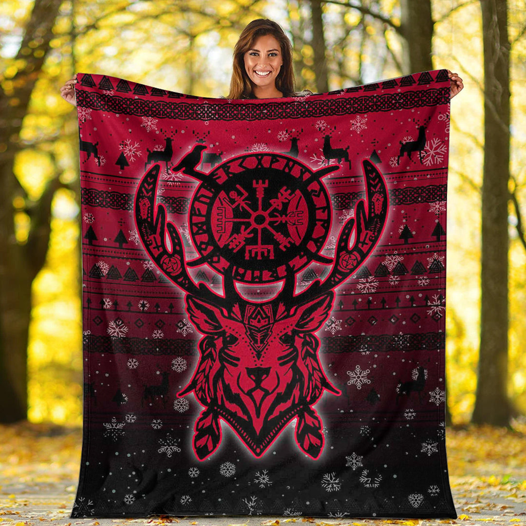 Viking Blanket Viking Reindeer Vegvisir Red Sherpa Fleece Blanket Gifts for Viking Lovers