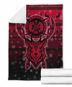 Viking Blanket Viking Reindeer Vegvisir Red Sherpa Fleece Blanket Gifts for Viking Lovers