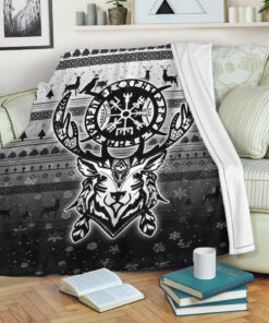 Viking Blanket Viking Reindeer Vegvisir Sherpa Fleece Blanket Gifts for Viking Lovers