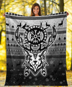 Viking Blanket Viking Reindeer Vegvisir Sherpa Fleece Blanket Gifts for Viking Lovers